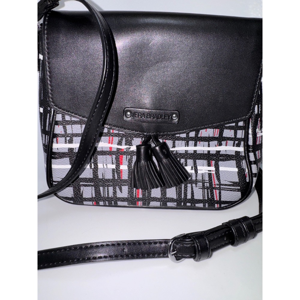 Vera Bradley Crossbody Bag Black Grey White Red Plaid Tassel Shoulder Purse